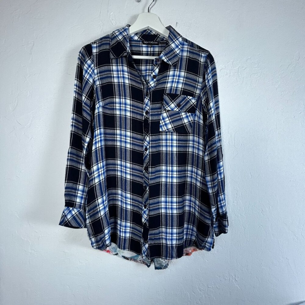 Tolani Collection Womens Blue White Plaid Button-Up Shirt with Floral Back XXSP